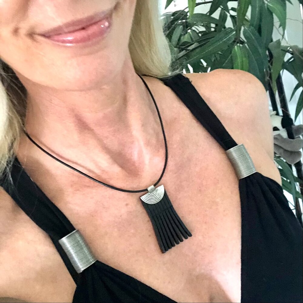 MishaGirl Handmade Minimalist Black Leather Fringe Pendant Necklace